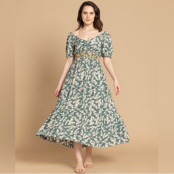 NWT Boho sage green flower print smocked dress w/ pockets! Bohera size L - Picture 2 of 15